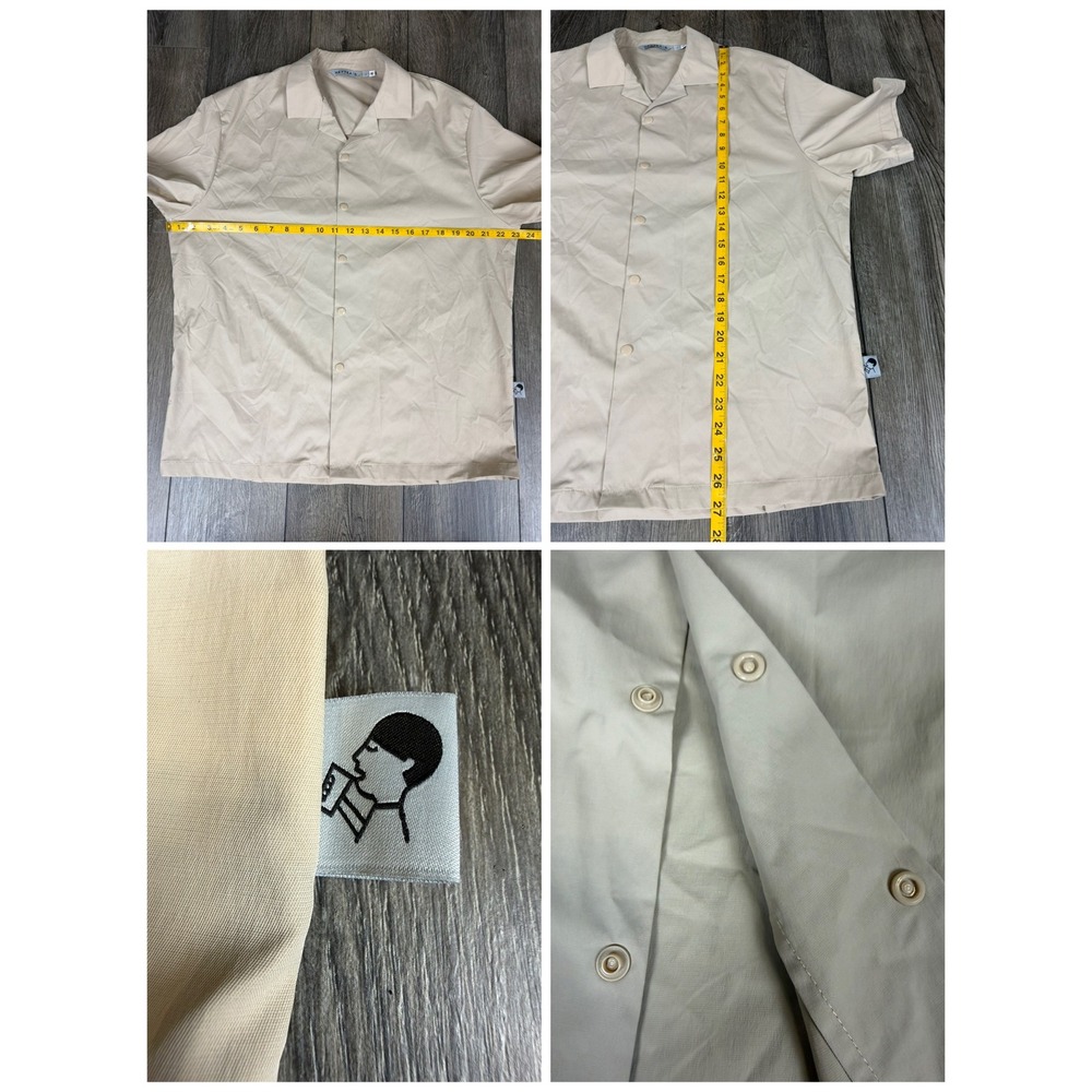 HEYTEA Camp Collar Snap Front Short Sleeve Shirt Tan Large Streetwear Minimalist - Picture 6 of 12